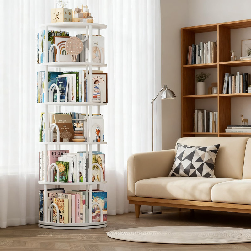 Tour de bibliothèque à 5 niveaux pivotant, bibliothèque rotative à 360 degrés avec conception ronde peu encombrante, organisateur de coin vertical pour livres, jouets et décoration intérieure