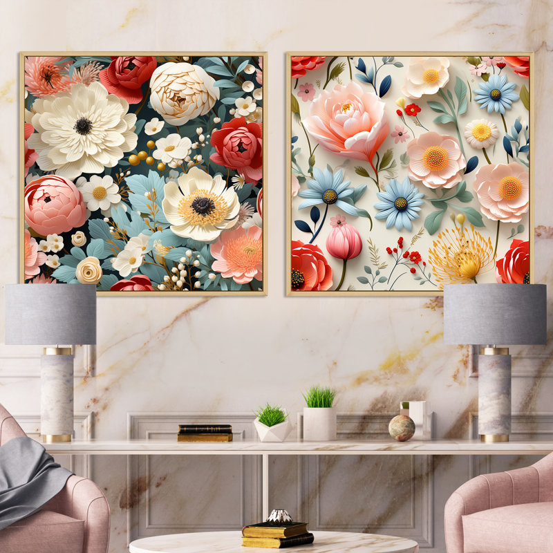 Flavio - Ensemble de 2 collages carrés floraux, Cadre flottant brun, H 30 po x l 61 po