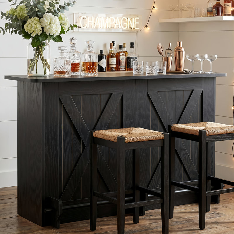 63-Inch Home Bar Unit Wine Bar Table With 2-Tier Storage Shelves And Footrest For Home Pub, Black