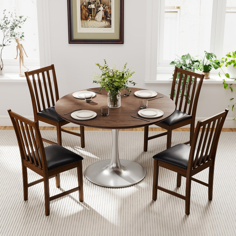 Gymax Wooden Dining Chair Set of 4 w/Rubber Wood Frame & Padded Seat & Curved Back Brown, 4, Black, Brown