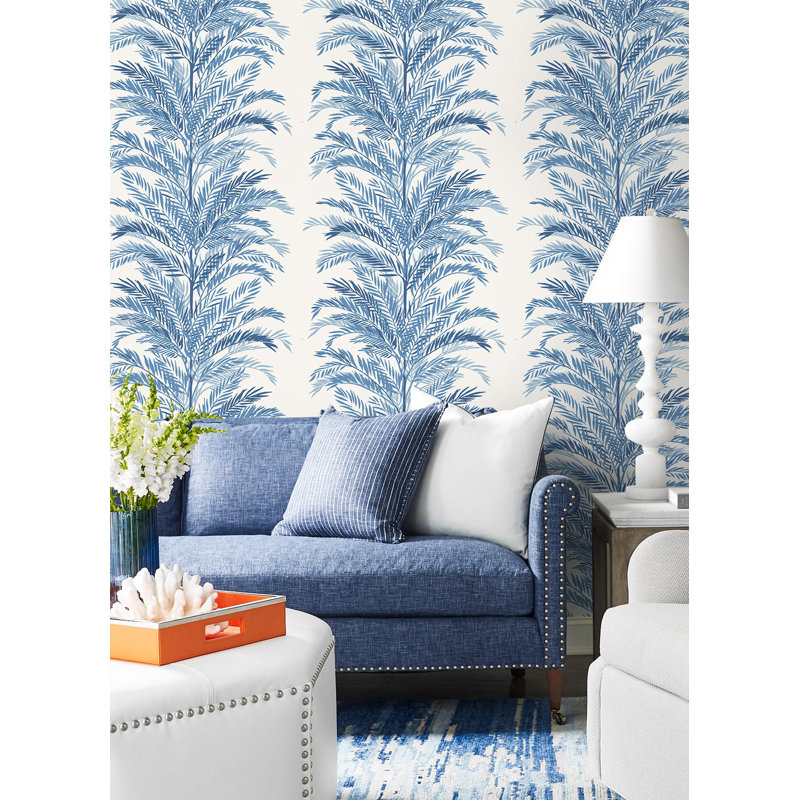 Rouleau de papier peint adhésif à motif de palmiers Keana L 9 pi x l 20,5 po Luxe Haven, Bleu côtier