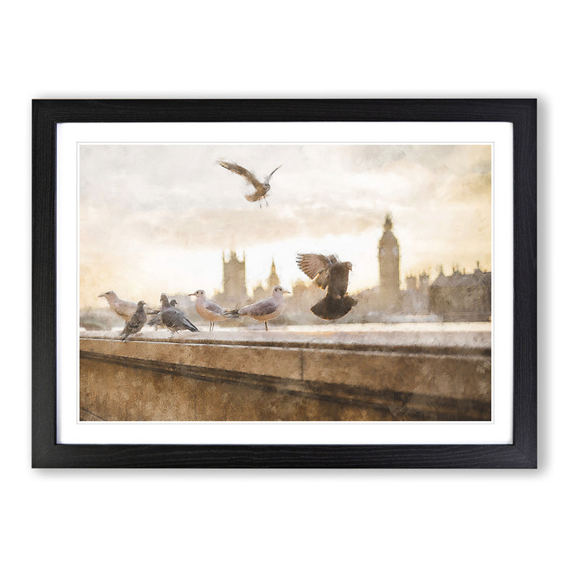 Pigeons by the Houses of Parliament - Framed Print, Black Framed, 27cm H x 36cm W x 2cm D