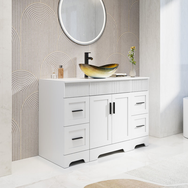 Meuble-lavabo simple 48 po avec lavabo vasque, plateau en bois manufacturé, peinture résistante à l'eau, White, White