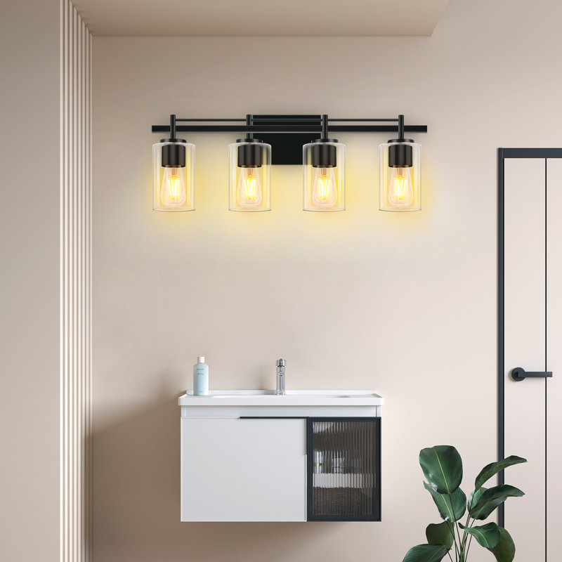 4 - Light Vanity Light With Clear Glass Shade For Bathroom, Bedroom, Hallway, Staircase, Matte Black, 4 Lights