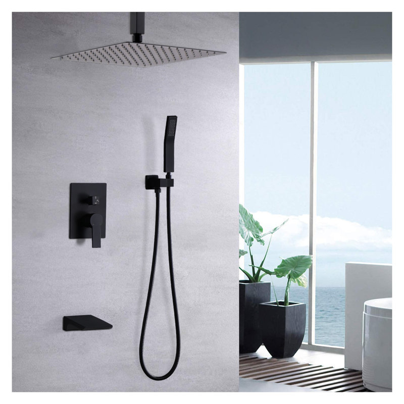 Matte Black Shower System with 10 Inch High Pressure Rainfall Shower Head and Handheld, Wall Mount Shower Faucet Set with 3-Function Valve and Waterfall Tub Spout