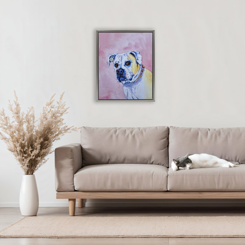 Chien regardant sur un cadre flottant rose, design par Tatiana Roberts, H 21 po x l 17 po, Cadre flottant gris lustré