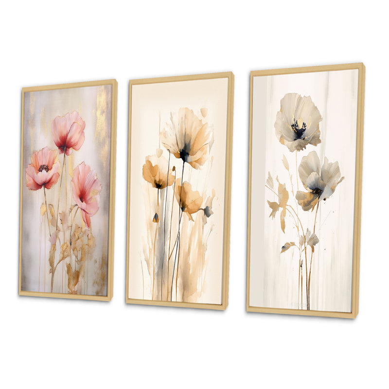«Coral Vibrant Poppies», 3 pièces, Cadre naturel flottant, H 40 po x l 60 po