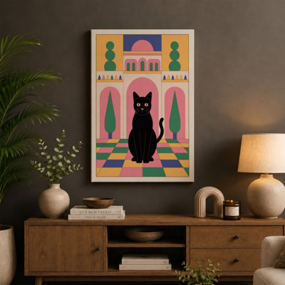 Black Cat in Pastel Interior Mid-Century 1 Piece Wrapped Canvas Wall Art