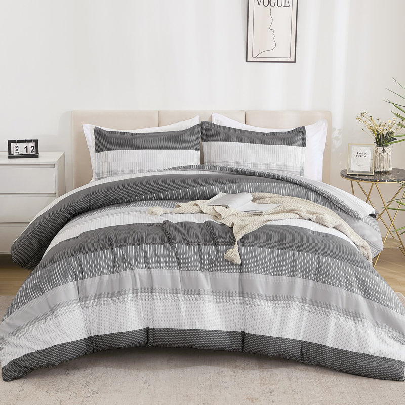Andency Comforter Set, Lightweight Colorblock Stripes Bedding Comforter Set, Fluffy Down Alternative Bed Set, Dark Grey, King