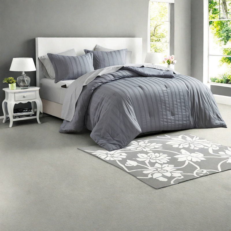 Ensemble de literie 7 pièces gris de qualité supérieure, édredon en polyester avec rayures tissées modernes pour la maison ou le dortoir