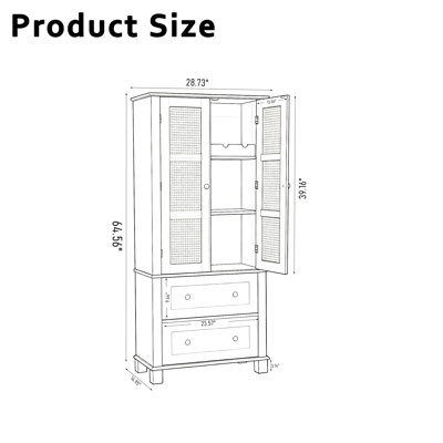 Armoire de rangement en rotin de bois massif avec portes doubles et 2 tiroirs, grande armoire de présentation avec tablettes réglables pour le salon, la salle à manger et la chambre à coucher