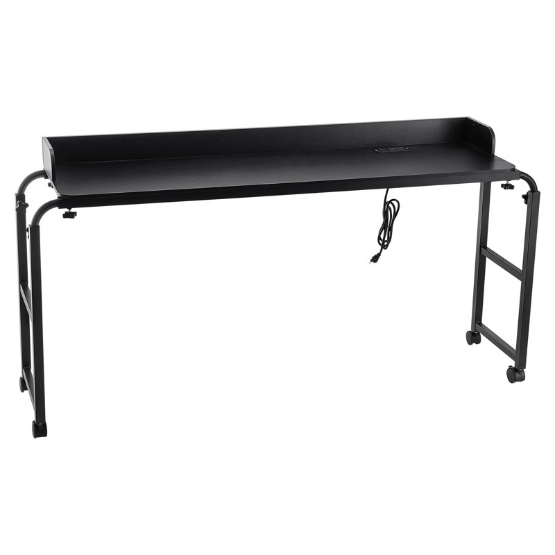 Overbed Table: A Black Beauty! Mobile Bedside Table with 4 Wheels (2 Braked), Power Socket, and Adjustable Height. Made of Particleboard—Perfect for Home, Office, and Study