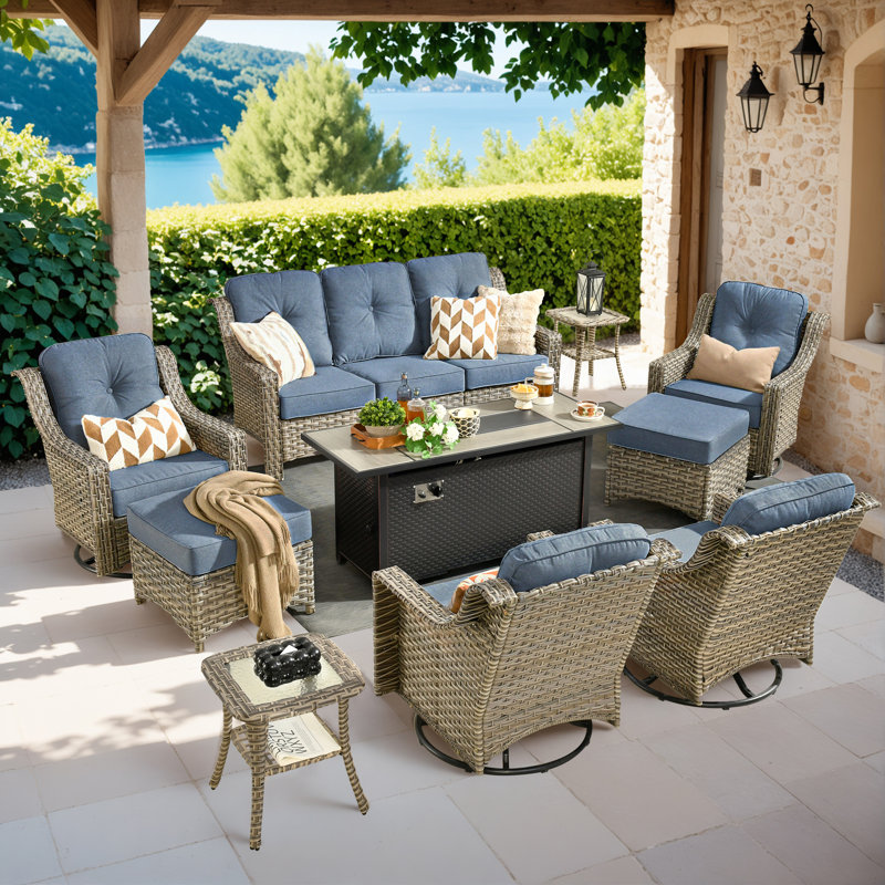 10- Person Rattan Outdoor Seating Group With Swivel Rockers and Fire Pit Table, Blue