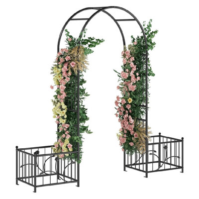 Metal Garden Arbor with Planter Boxes, Climbing Plant Trellis Arch for Outdoor Backyard, Wedding Ceremony, Black