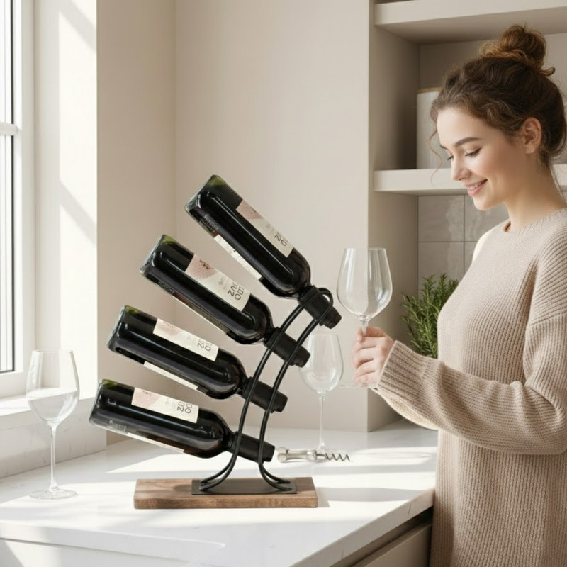 Modern 4 Bottle Tabletop Wine Rack - Black Metal Freestanding Wine Bottle Holder for Kitchen, Dining Room and Bar