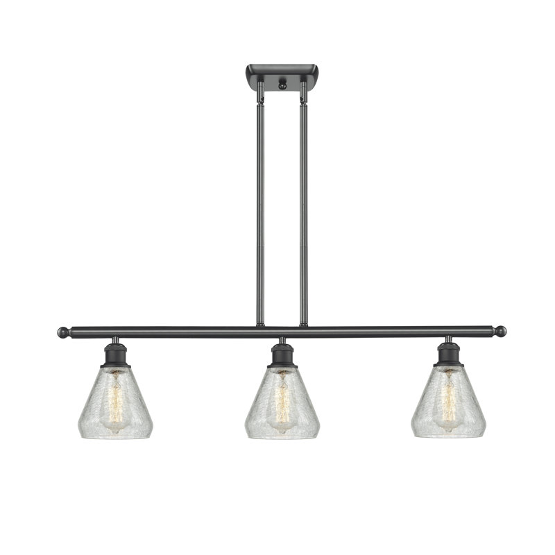 Luminaire suspendu linéaire à 3 lumières pour îlot de cuisine Berlin, Transparence craquelée, Ampoule DEL rétro de 3,5 watts