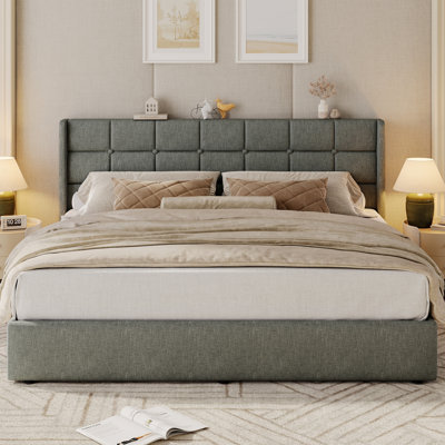 Lift Up Storage Bed Frame, Linen Upholstered King Platform with Button Tufted Wingback Headboard and Under-Bed Storage, Hydraulic Support, No Box Spring Needed, Noise Free, Grey