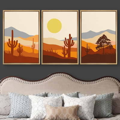 " Mid-Century Cactus Desert Mountain Abstract Nature Modern Art Decor Panorama Multicolor " 3 - Pieces