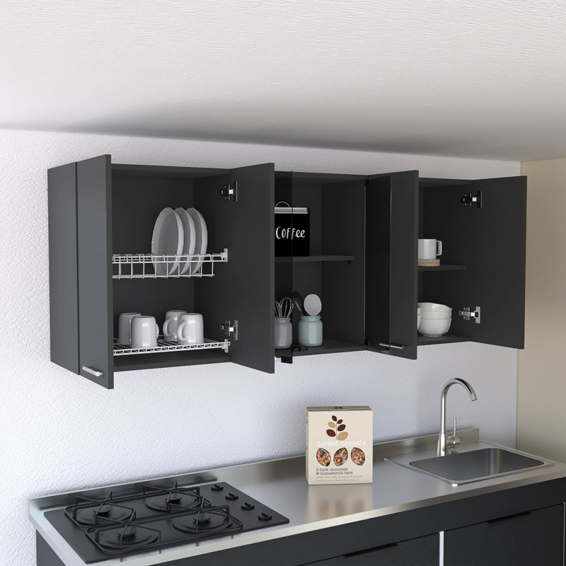 Élégante armoire murale supérieure, quatre tablettes intérieures, Noir