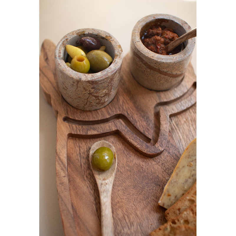  Ensemble de deux planches de service en hibou en bois avec bols et cuillères en marbre