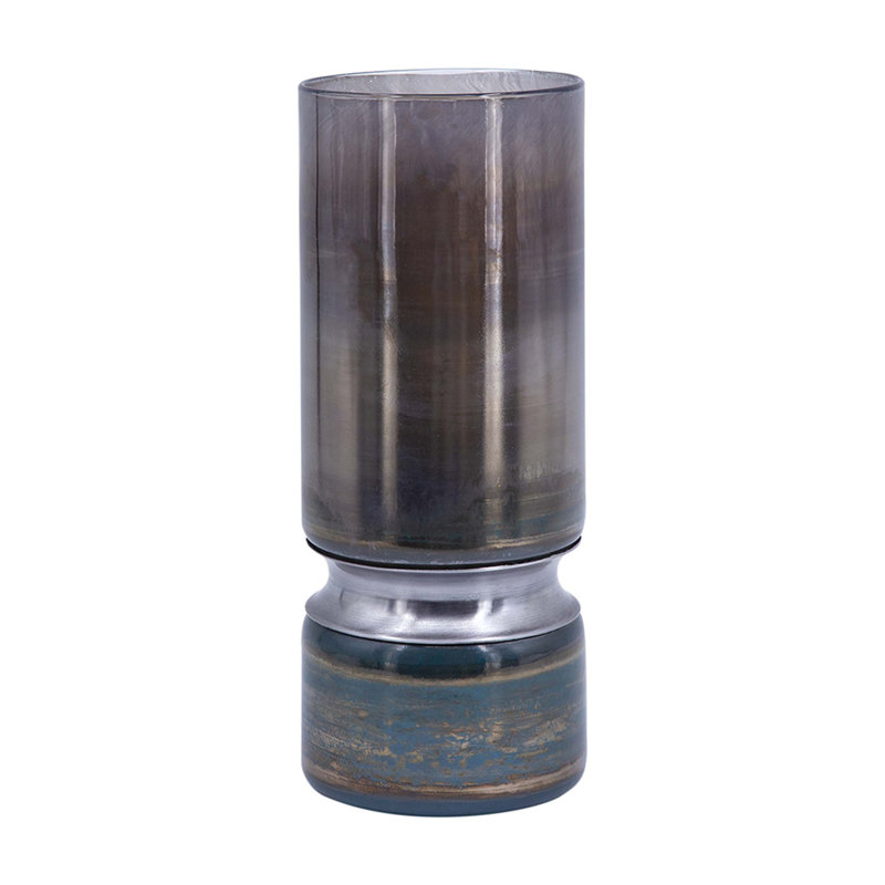 Sleek Smokey Blue Glass Vase With Chrome Accent, Featuring Hourglass Silhouette And Contemporary Display Functionality.