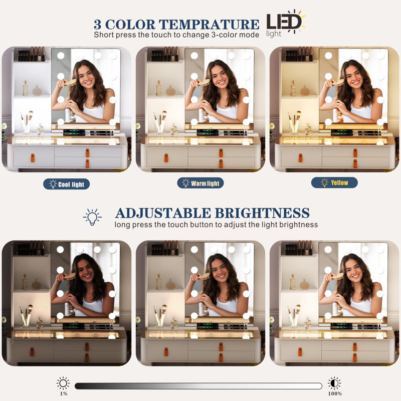 Makeup Vanity with 3 Lighting Colors, Gold/White