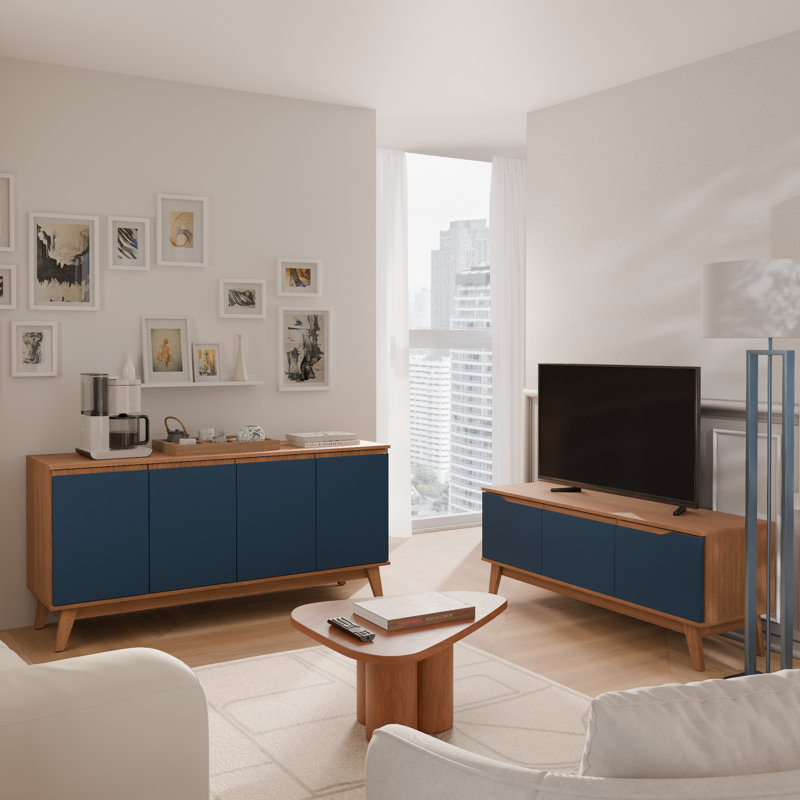 Ensemble de meubles de salon 2 pièces avec meuble télé 3 portes et buffet 4 portes, Golden Oak/Blue