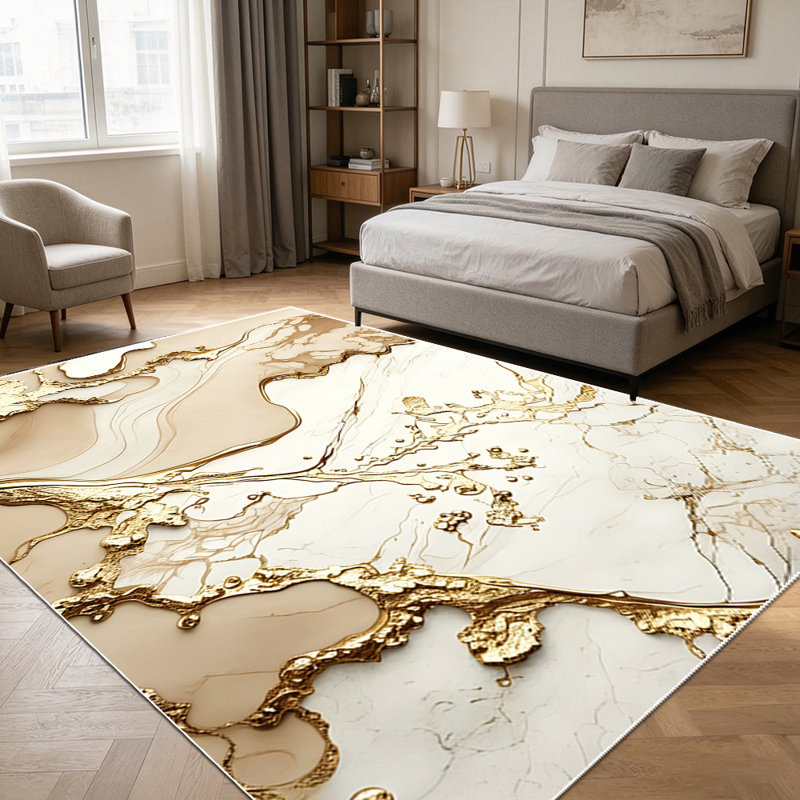 1PC Gold Metallic Veined Beige Cream Fluid Abstract area rugs for Living Room, Soft and Comfortable, Suitable for all seasons, easy-to-maintain, machine washable Indoor floor mat, Under Table Farmhouse suitable for entryway, bedroom, kitchen, dining
