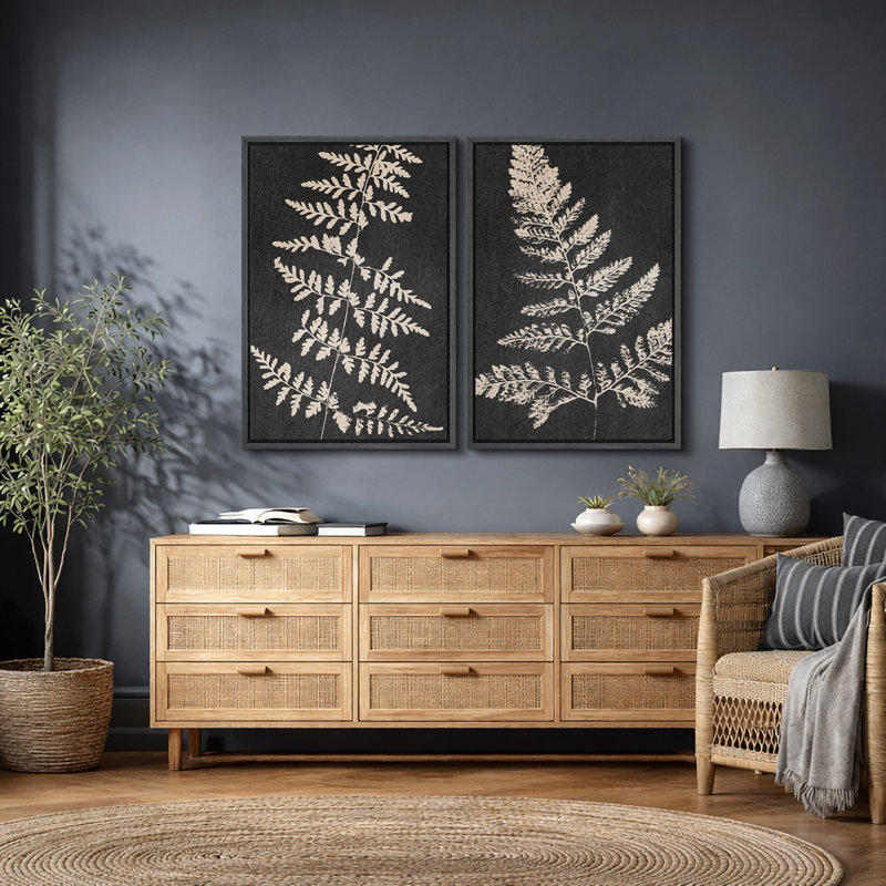 Minimal Botanical "Œuvre de fougère à feuilles gris foncé et brun clair, images murales rustiques modernes minimalistes neutres, ensemble de 2 impressions murales sur toile,"