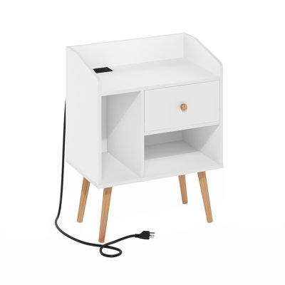 Table de bout George Oliver Tenishia de style Mid-Century, table d'appoint avec port USB et station de charge de type C, blanc