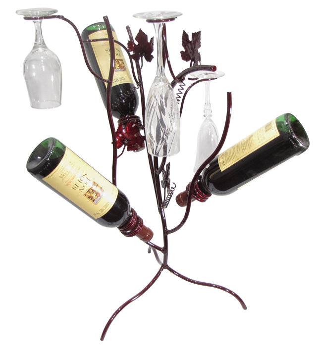 Grapevine 3 Bottle Tabletop Wine Bottle & Glass Rack, Meteor