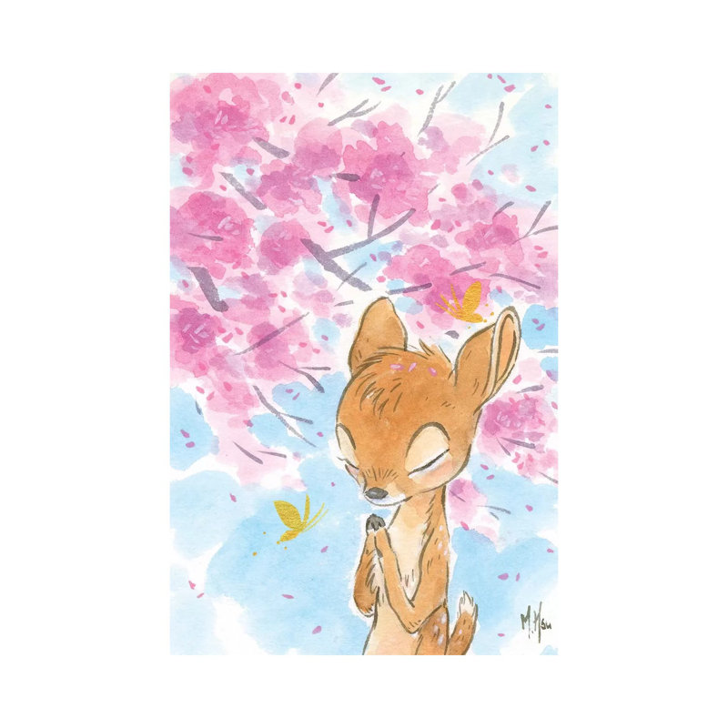 Cherry Blossom Fawn by Martin Hsu - Painting on Canvas, Wrapped Canvas, 20.32 cm H x 30.48 cm W