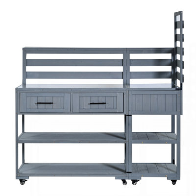 62.3'' Patio Kitchen Island Solid Wood Kitchen Cart with Stainless Table Top, Garden Potting Bench with Raised Shelf and Drawers, Grill Prep Table for BBQ, Party, Gray