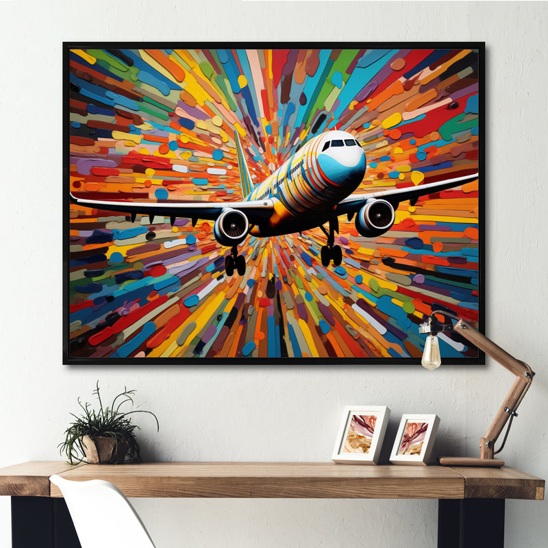 Plane Colorful Whimsical Takeoff, reproduction d'art sur toile, Cadre flottant noir, H 16 po x l 32 po