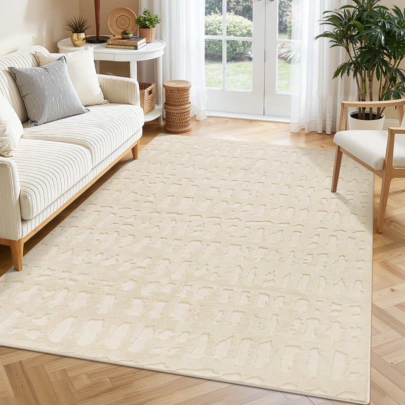 Tapis ivoire moderne en velours moelleux et moelleux, Rectangle 5 pi x 7 pi