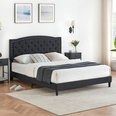 Base de lit grand format avec plateforme tapissier avec tête de lit capitonnée à hauteur réglable, sommier à lattes de bois, noir