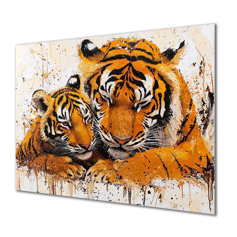 «Tiger Family Bonding I» - animaux, impression murale en métal, H 12 po x l 20 po