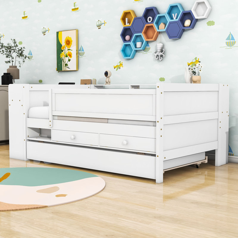 Twin Daybed with Trundle Wood with Built-in-Desk, White