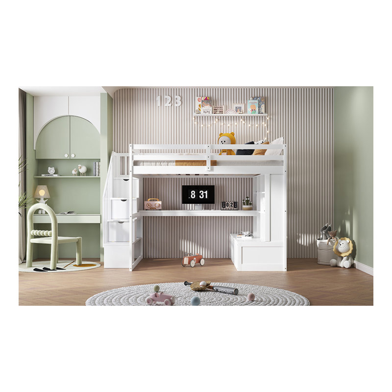 Lit mezzanine double avec bureau et tablettes, deux tiroirs intégrés, escalier de rangement, blanc
