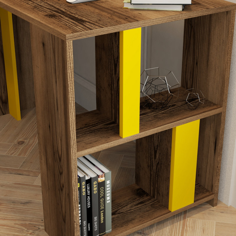 Bureau d'étude moderne avec nombreuses tablettes, noyer et jaune, 47,2 po x 29,7 po x 23,6 po | 100% panneau de particules enduit de mélamine, épaisseur: 0,7 pouce | Conception murale pour un espace de travail élégant et peu encombrant