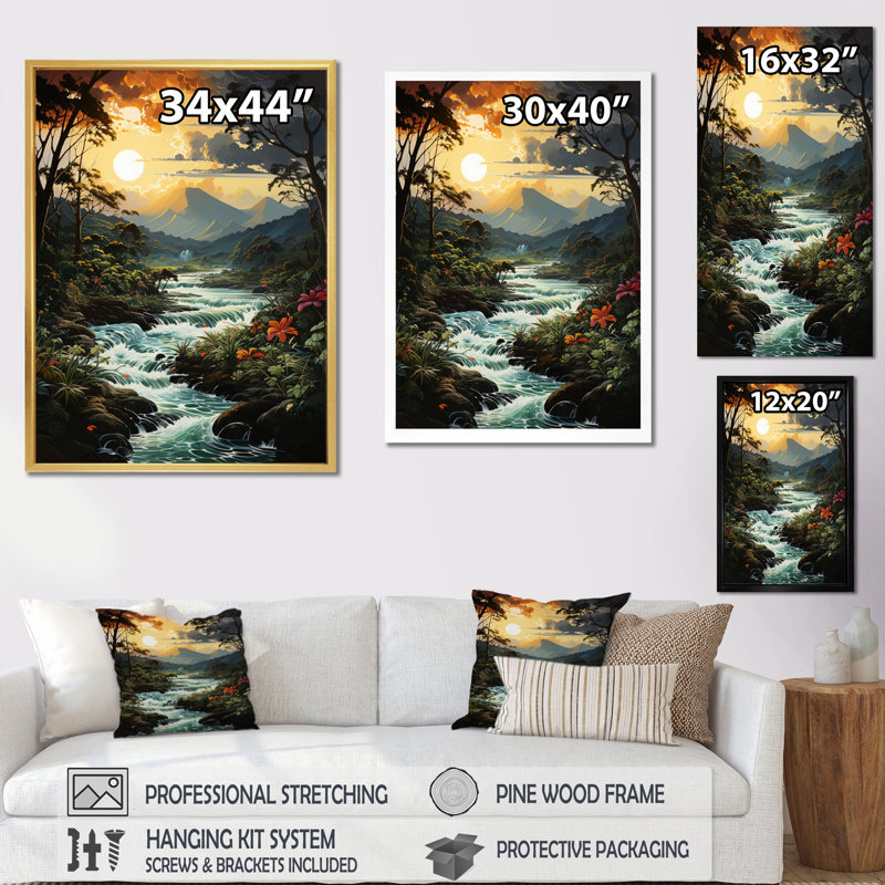 Bele Rivermountain Sunset Jungle Jubilation I - impression, H 32 po x l 24 po x P 1 po, Cadre flottant noir