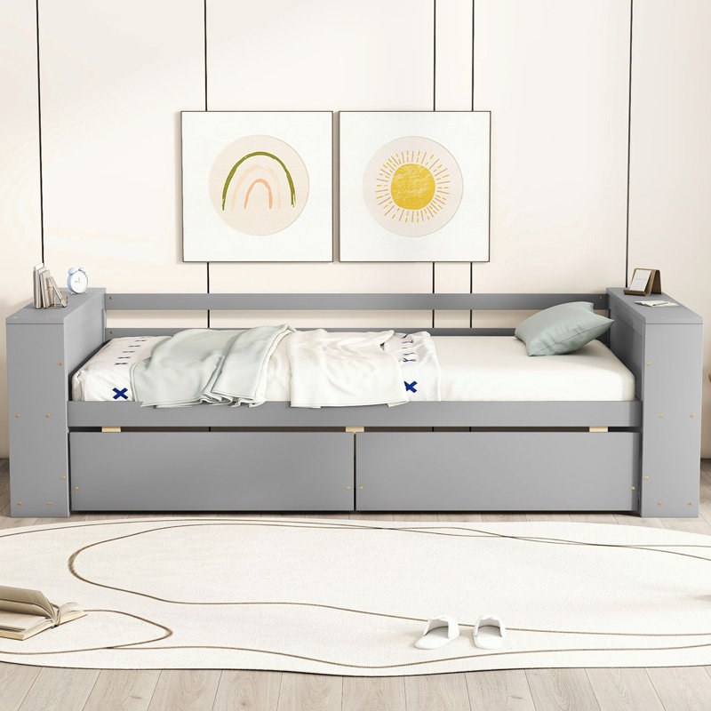 Twin Size Daybed with Shelves and Drawers, Gray