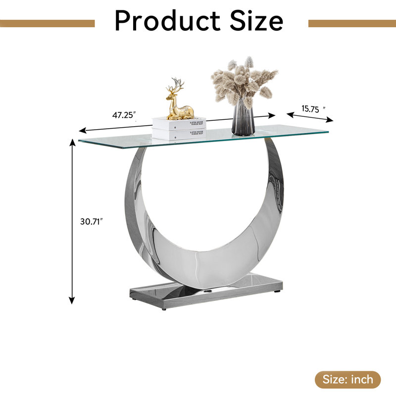 Modern 47.25" Glass Entryway Console Table with Moon-Shaped Stainless Steel Pedestal Base, Long Narrow Sofa Table Behind Couch Hallway Table for Entryway, Living Room, Foyer