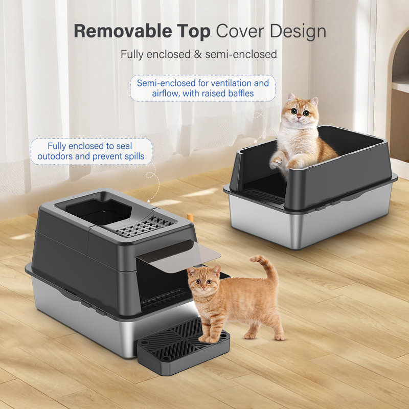 Bac à litière en acier inoxydable avec couvercle, très grand bac à litière fermé pour chat convenant à tous les chats avec couvercle rabattable, bac à chat à haut couvercle en métal avec pédale et pelle, noir