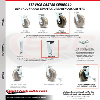 High Temp Phenolic Caster Set with Roller Bearings 4 Swivel Lock 2 Brake