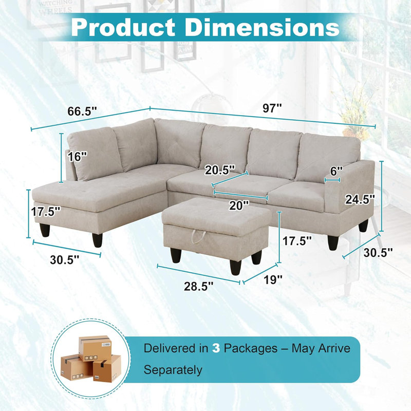 3-piece Flannelette  Modular Sectional Sofa, Off White, Left Hand Facing
