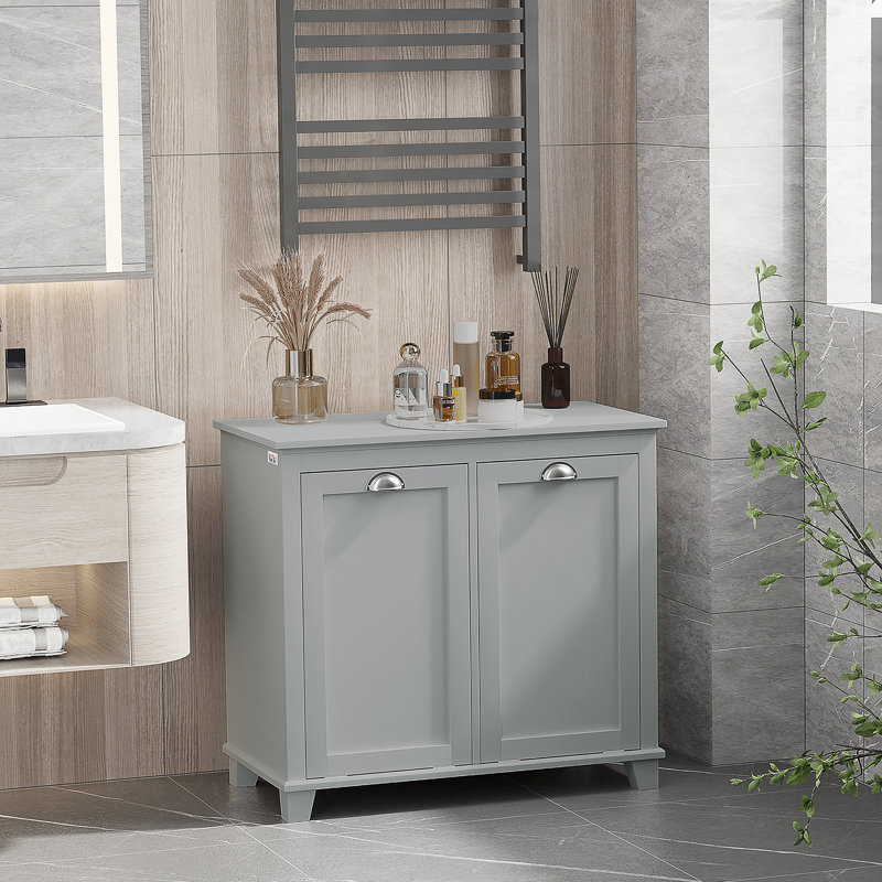 Tilt-Out Laundry Sorter Cabinet, Bathroom Storage Organizer with Two-Compartment Tilt-Out Hamper, Gray