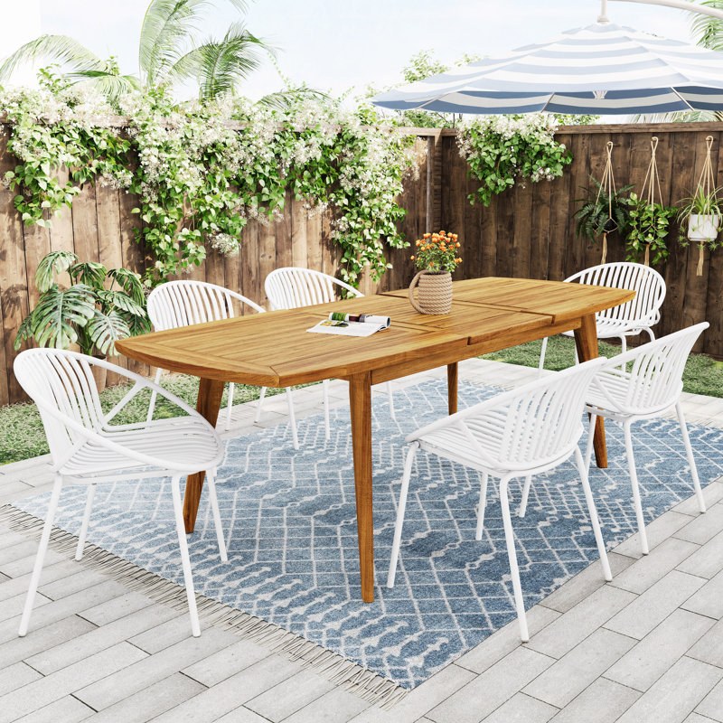 7 Pcs Outdoor Modern Expandable Dining Set With Stackable Chair, White