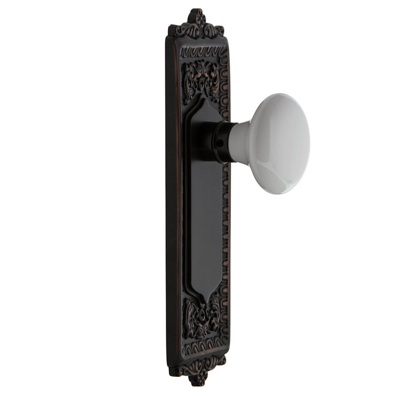 Plaque Egg & Dart avec bouton de porte en porcelaine blanche, Bronze intemporel