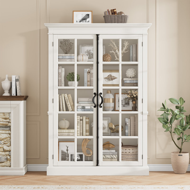 Modern 65" Tall Display Cabinet, Curio Storage Cabinet with Tempered Glass Door, 5-Tier Bookcase with Adjustable Shelves, Storage Cabinet for Office, Kitchen, Living Room